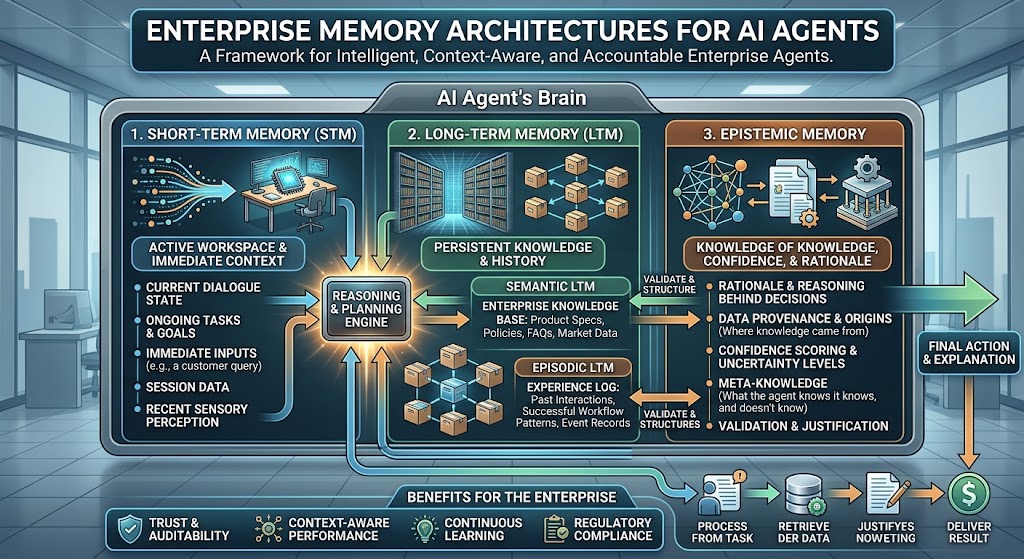 Enterprise Memory Architectures: Short-Term, Long-Term, and Epistemic Memory for AI Agents